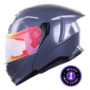 CASCO BKR APOLO GRIS METALICO MICA ROJA REPUESTO TRANSPARENTE L ABATIBLE SVS ROJA