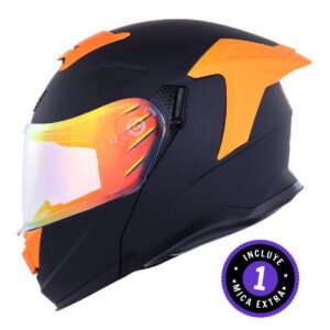 CASCO MARCA BKR APOLO NEGRO MATE MICA NARANJA REPUESTO TRANSPARENTE S ABATIBLE SVS NARANJA